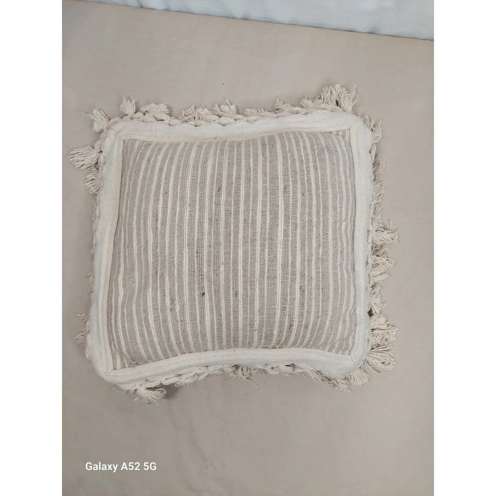 Vintage Hand Woven Cotton Pillow  Fringe India Throw Cushion Pilzer Bros Neutral